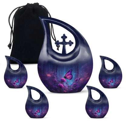 Indigo Butterfly Cremation Urn urn with complimentary velvet bag - sacred cross merged with butterfly motif on metal - memorial set with one large and four small urns
