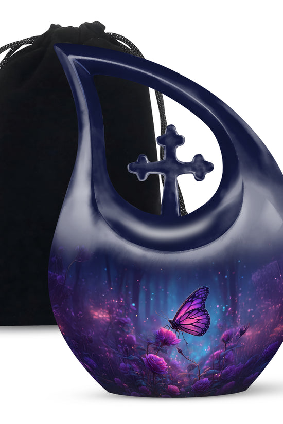 Royal Blue Butterfly Cremation Urn top-down view of secure threaded lid - faith-inspired cross-drop urn with butterfly pattern - full-size 10 inch 200 cubic inch adult cremation urn