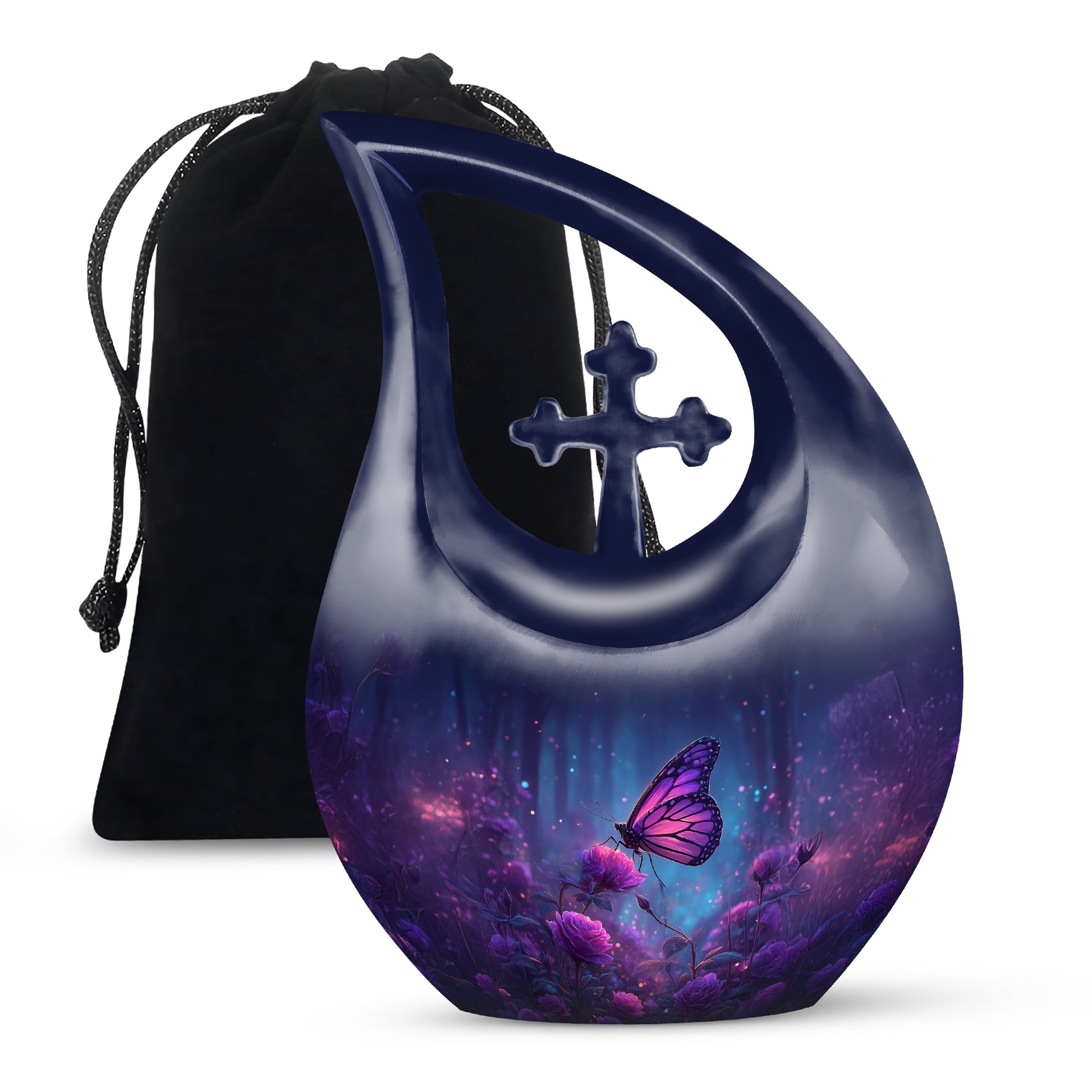 Royal Blue Butterfly Cremation Urn top-down view of secure threaded lid - faith-inspired cross-drop urn with butterfly pattern - full-size 10 inch 200 cubic inch adult cremation urn