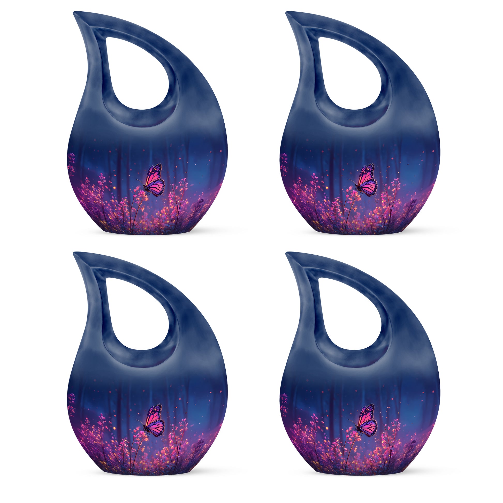 Steel Blue Butterfly Cremation Urn lifestyle display on memorial shelf - faith-inspired cross-drop urn with butterfly pattern - 10 inch aluminum urn for cremated remains