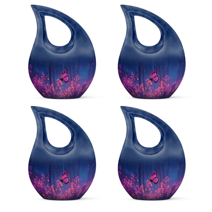 Steel Blue Butterfly Cremation Urn lifestyle display on memorial shelf - faith-inspired cross-drop urn with butterfly pattern - 10 inch aluminum urn for cremated remains
