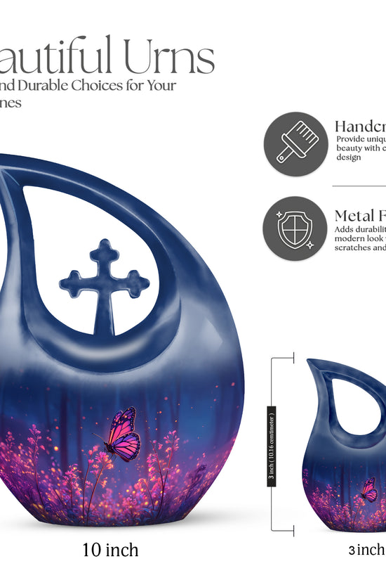 Powder Blue Butterfly Cremation Urn back view with polished surface - cross and butterfly combined in spiritual memorial design - mini keepsake memorial for portion of cremation ashes