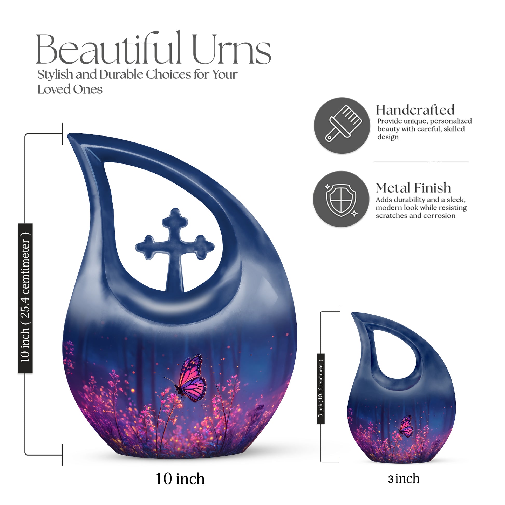 Powder Blue Butterfly Cremation Urn back view with polished surface - cross and butterfly combined in spiritual memorial design - mini keepsake memorial for portion of cremation ashes