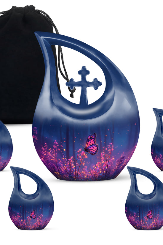Serene Blue Butterfly Cremation Urn urn with complimentary velvet bag - faith-inspired cross-drop urn with butterfly pattern - memorial set with one large and four small urns