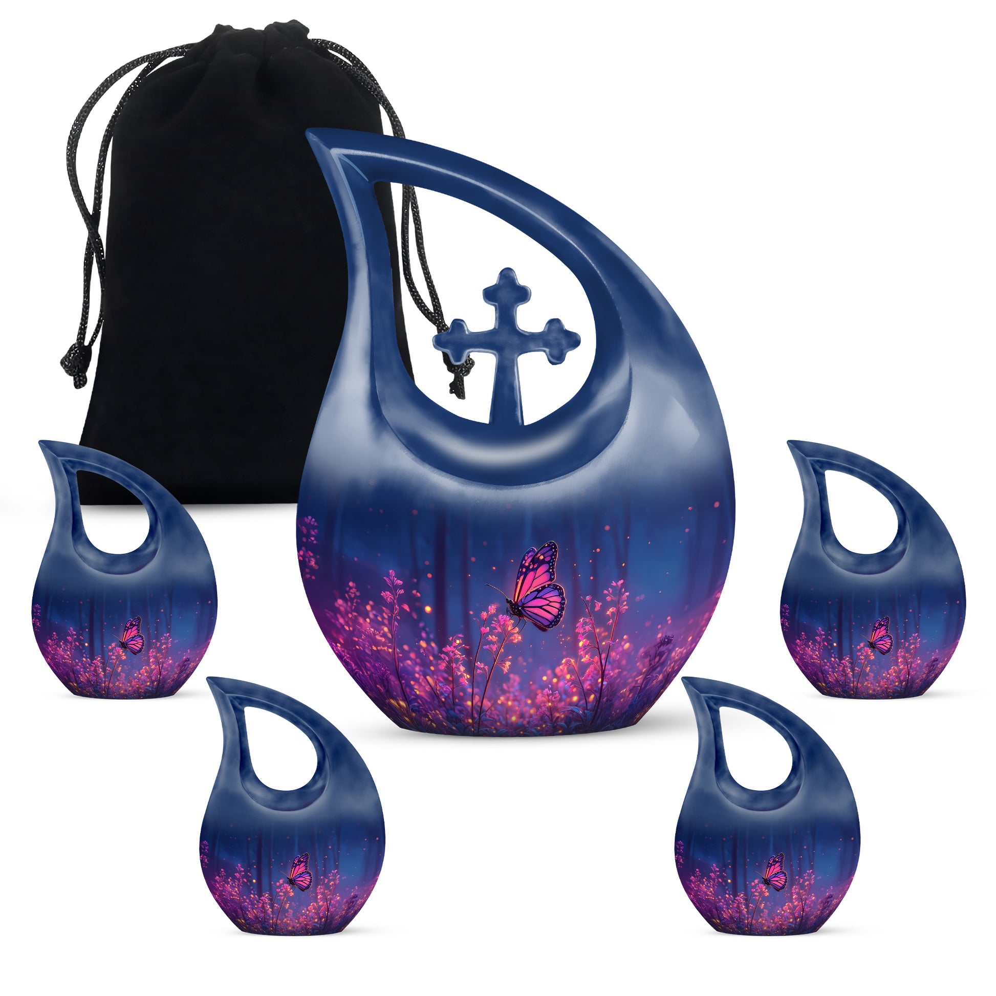 Serene Blue Butterfly Cremation Urn urn with complimentary velvet bag - faith-inspired cross-drop urn with butterfly pattern - memorial set with one large and four small urns