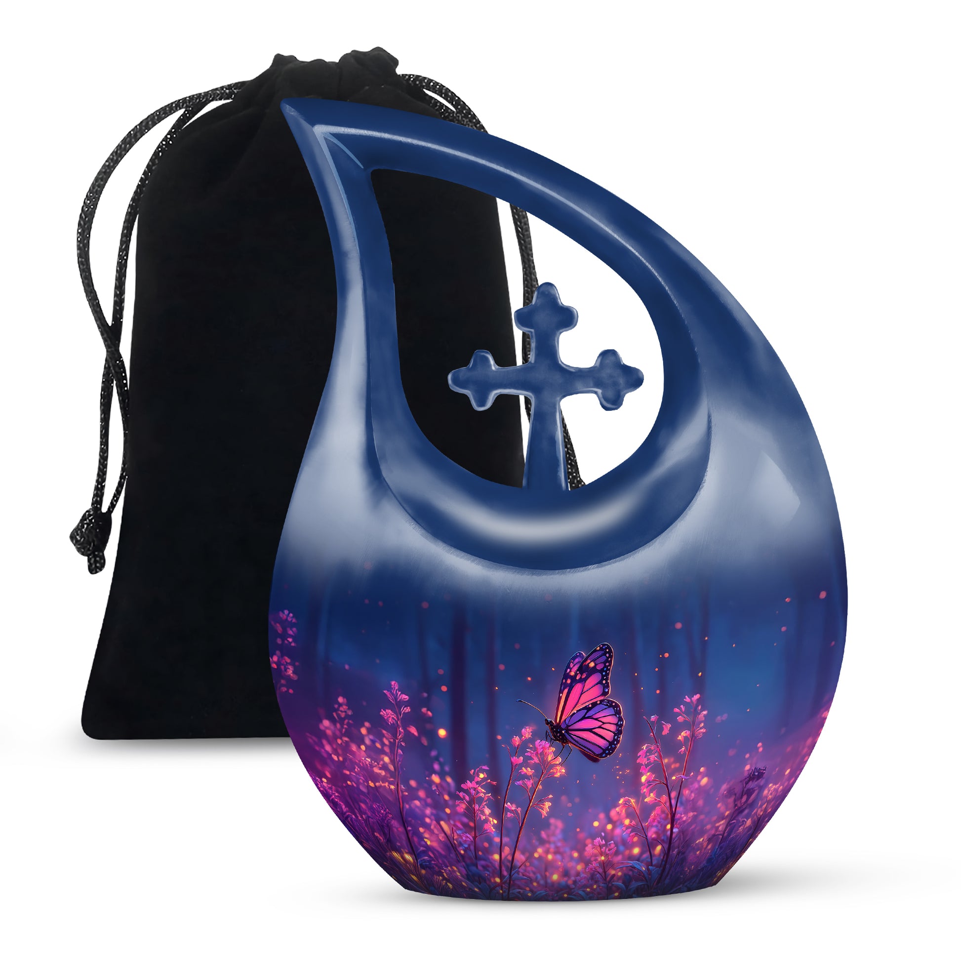 Powder Blue Butterfly Cremation Urn top-down view of secure threaded lid - sacred cross merged with butterfly motif on metal - full-size 10 inch 200 cubic inch adult cremation urn