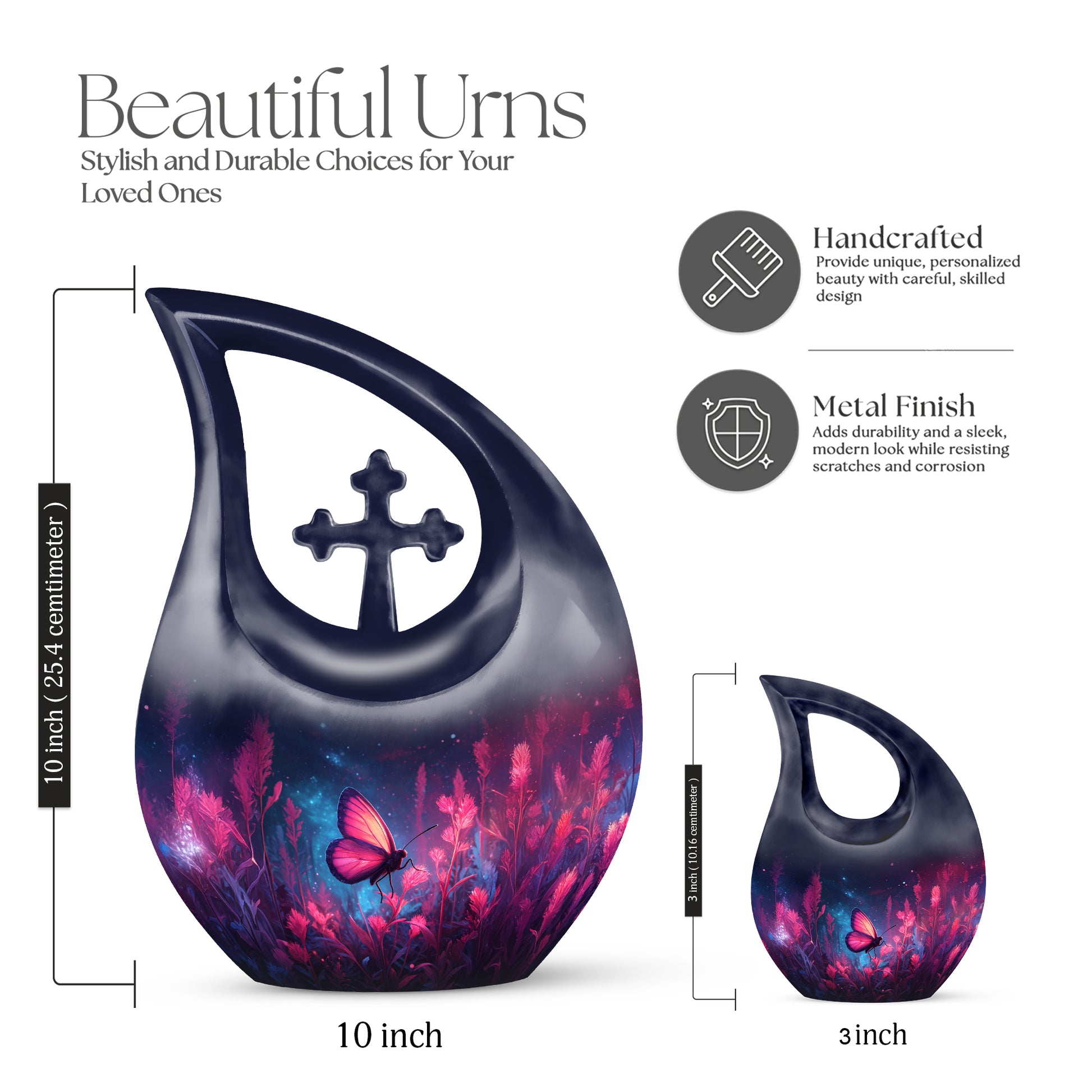 Twilight Blue Butterfly Cremation Urn back view with polished surface - devotional cross-drop butterfly engraving - mini keepsake memorial for portion of cremation ashes