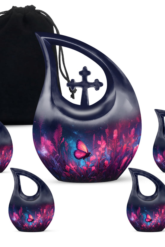 Twilight Blue Butterfly Cremation Urn urn with complimentary velvet bag - faith-inspired cross-drop urn with butterfly pattern - memorial set with one large and four small urns