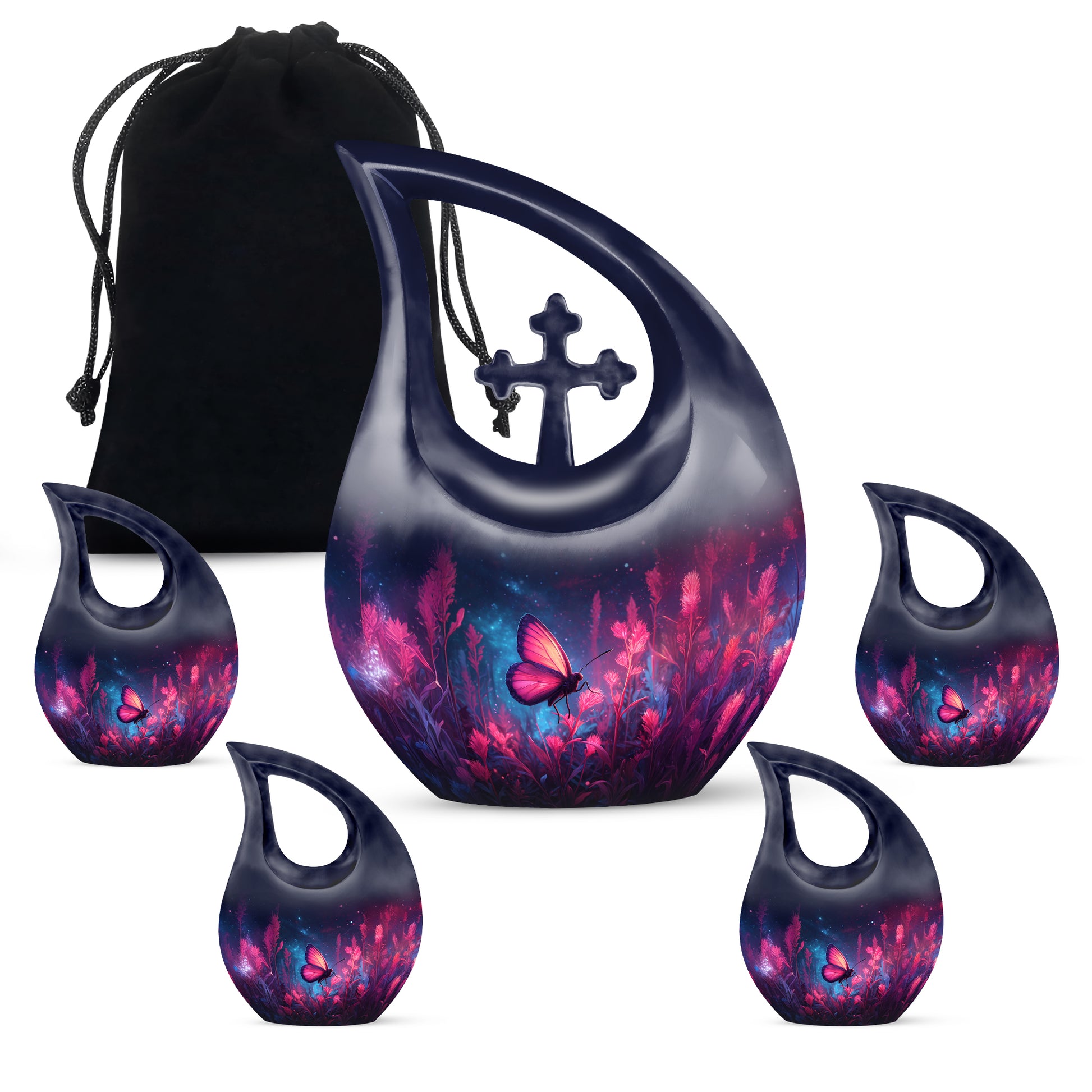 Twilight Blue Butterfly Cremation Urn urn with complimentary velvet bag - faith-inspired cross-drop urn with butterfly pattern - memorial set with one large and four small urns