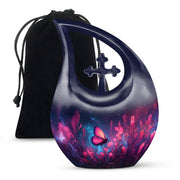 Twilight Blue Butterfly Cremation Urn top-down view of secure threaded lid - faith-inspired cross-drop urn with butterfly pattern - full-size 10 inch 200 cubic inch adult cremation urn