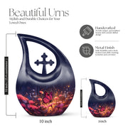 Vivid Blue Butterfly Cremation Urn back view with polished surface - devotional cross-drop butterfly engraving - mini keepsake memorial for portion of cremation ashes