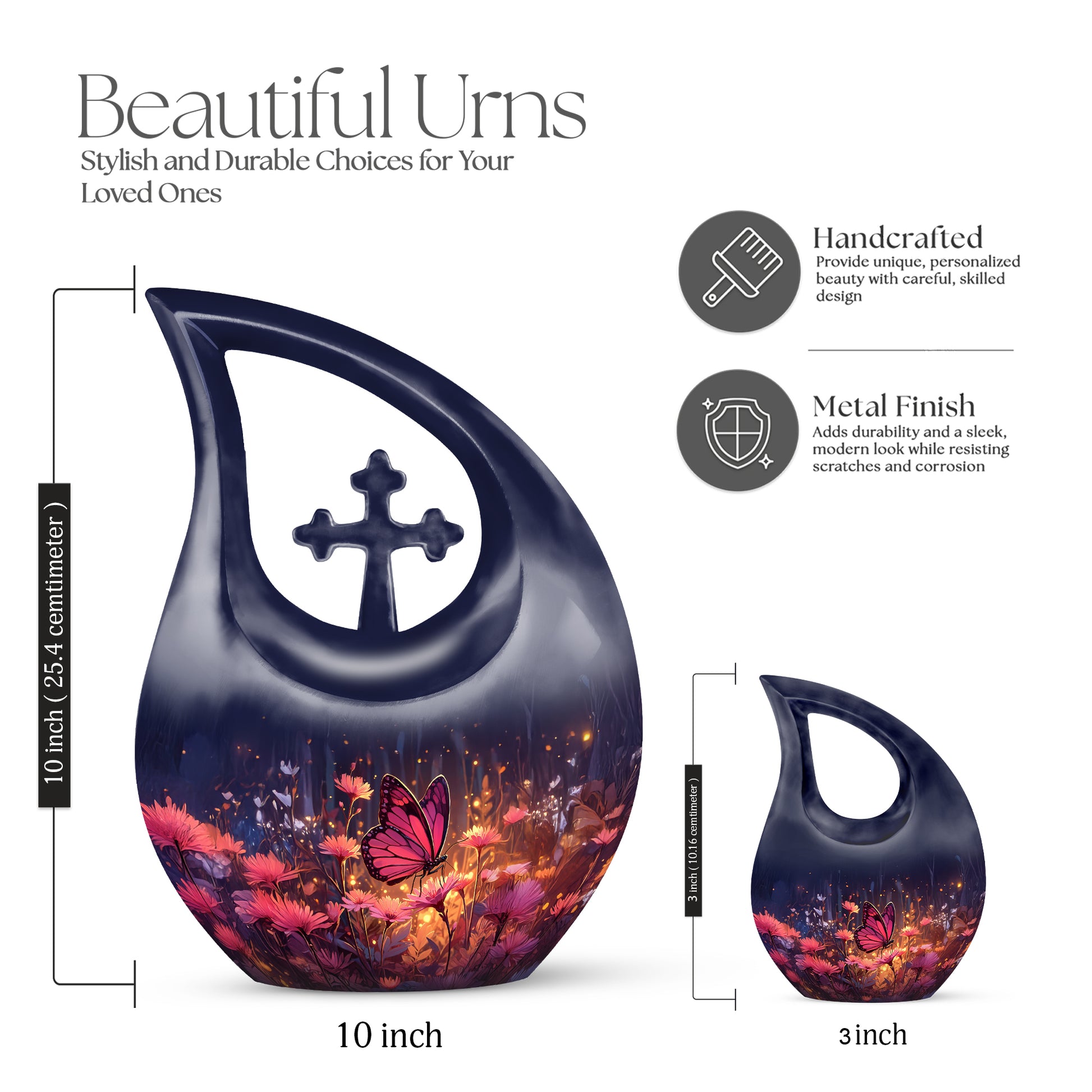 Vivid Blue Butterfly Cremation Urn back view with polished surface - devotional cross-drop butterfly engraving - mini keepsake memorial for portion of cremation ashes