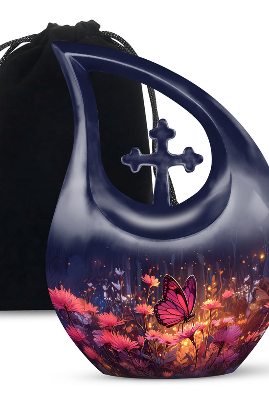 Navy Blue Butterfly Urn for Ashes – Elegant Floral Memorial For Ashes