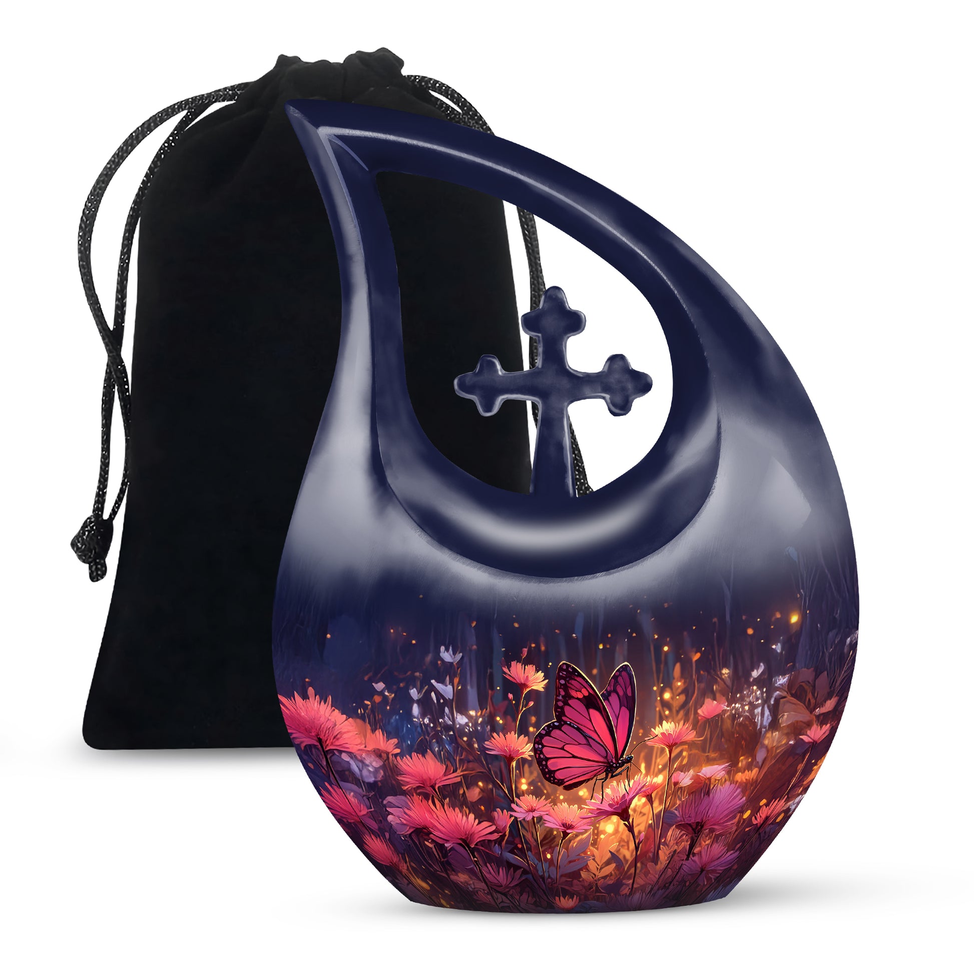Navy Blue Butterfly Urn for Ashes – Elegant Floral Memorial For Ashes