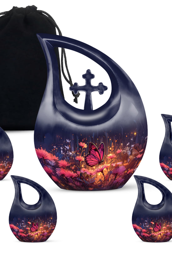 Steel Blue Butterfly Cremation Urn urn with complimentary velvet bag - devotional cross-drop butterfly engraving - memorial set with one large and four small urns