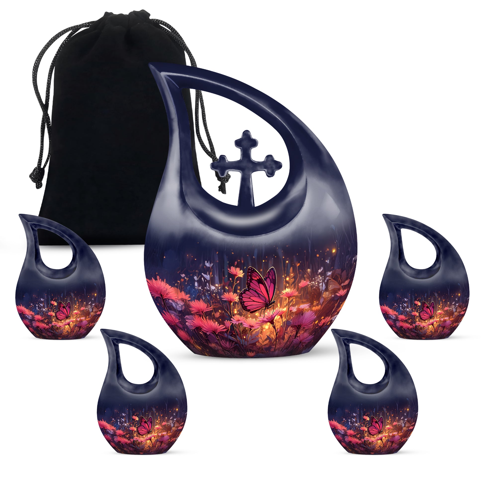 Steel Blue Butterfly Cremation Urn urn with complimentary velvet bag - devotional cross-drop butterfly engraving - memorial set with one large and four small urns