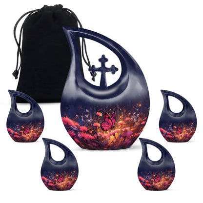 Steel Blue Butterfly Cremation Urn urn with complimentary velvet bag - devotional cross-drop butterfly engraving - memorial set with one large and four small urns