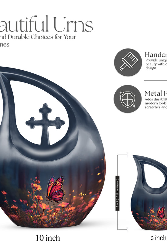 Azure Butterfly Cremation Urn back view with polished surface - cross and butterfly combined in spiritual memorial design - mini keepsake memorial for portion of cremation ashes
