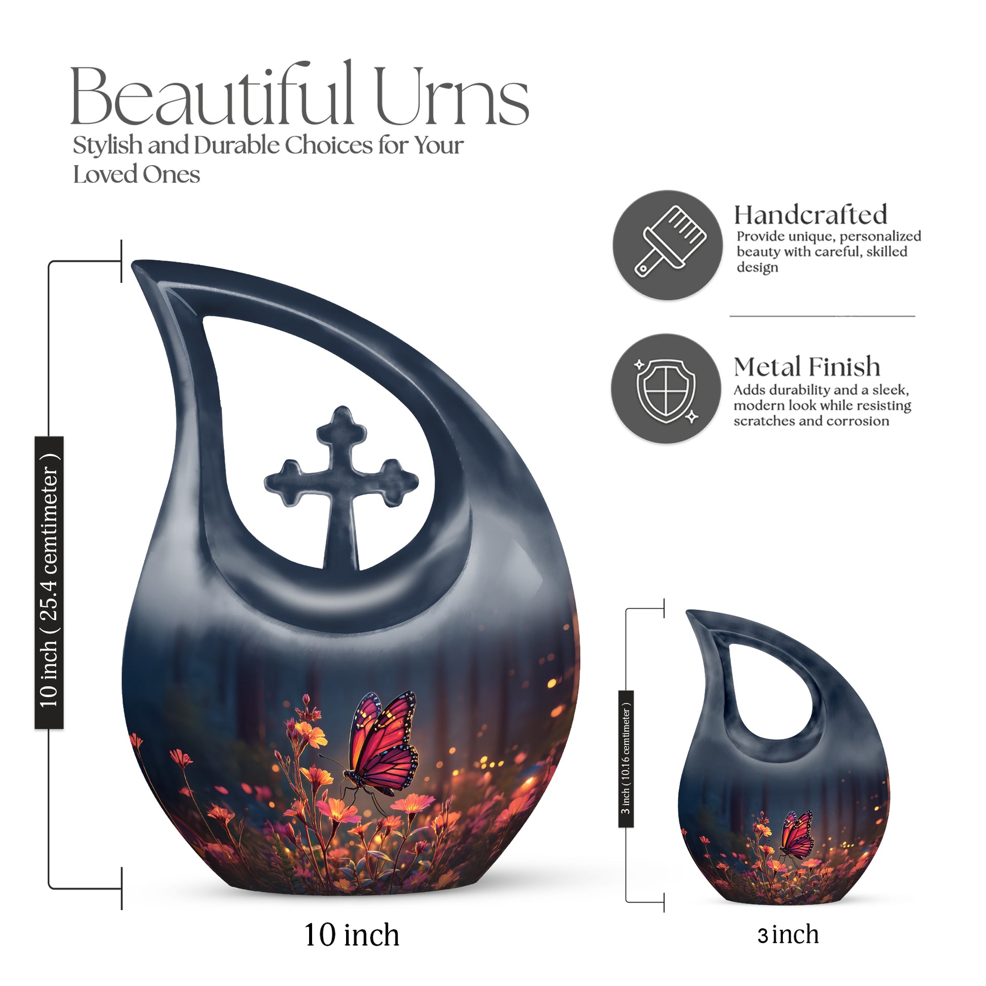 Azure Butterfly Cremation Urn back view with polished surface - cross and butterfly combined in spiritual memorial design - mini keepsake memorial for portion of cremation ashes