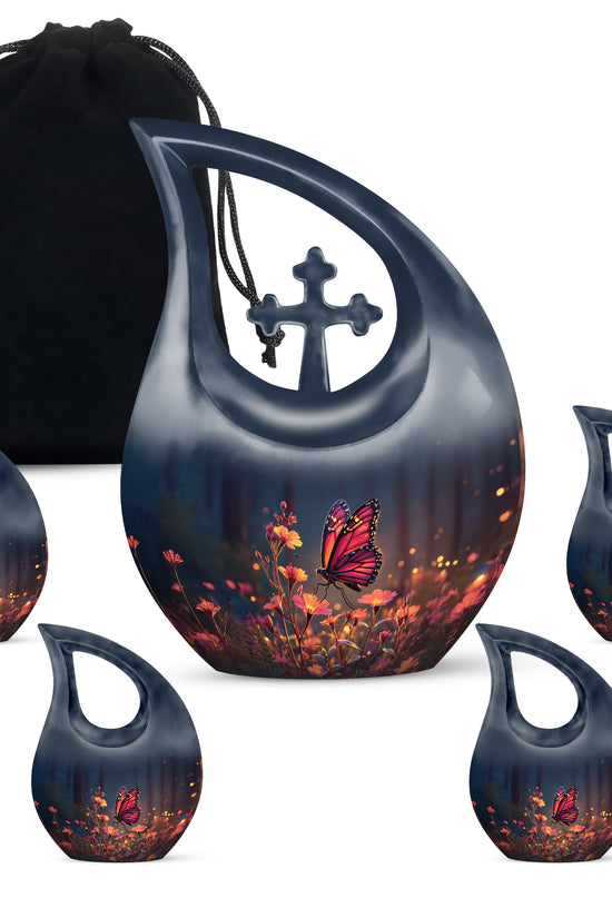 Soft Blue Butterfly Cremation Urn urn with complimentary velvet bag - devotional cross-drop butterfly engraving - memorial set with one large and four small urns