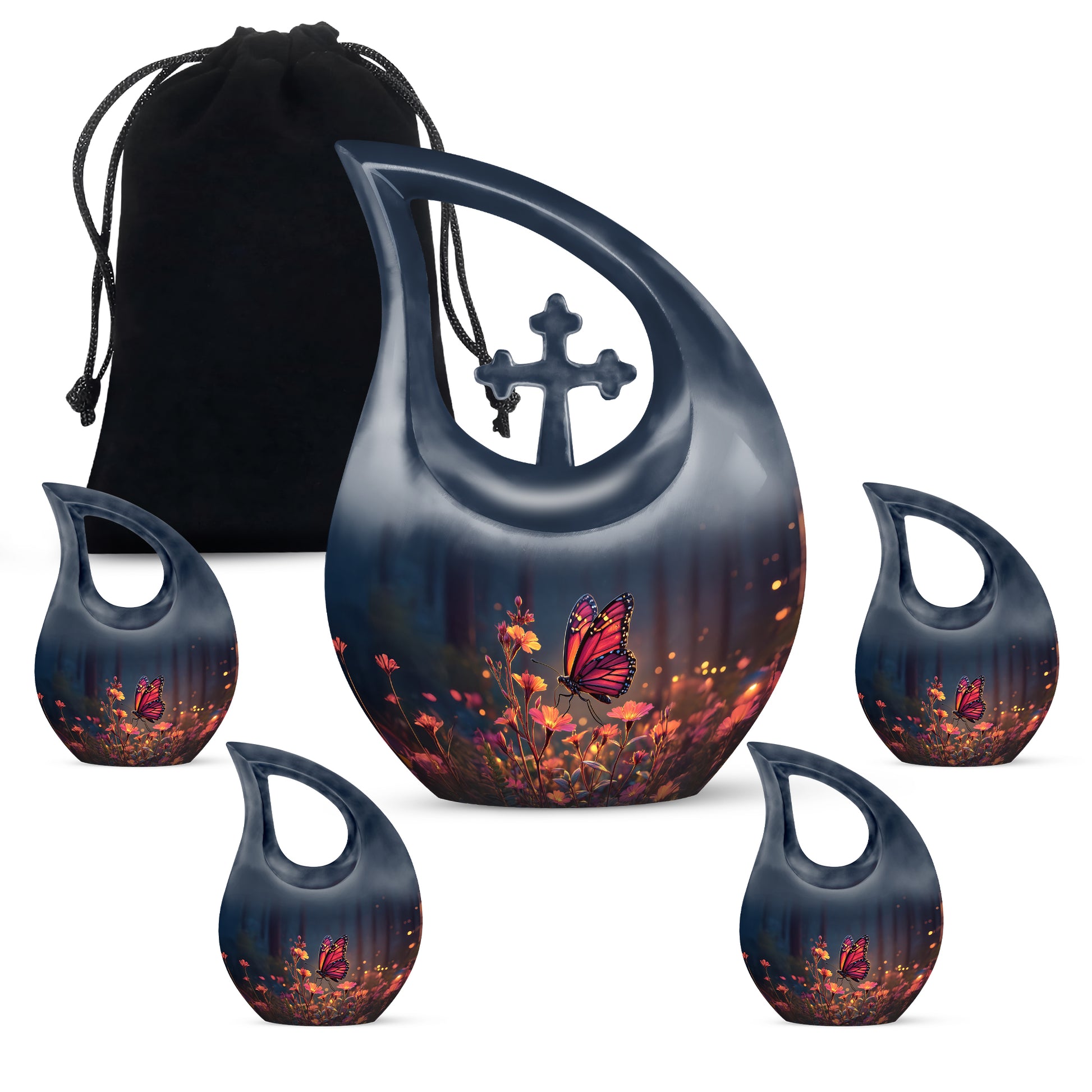 Soft Blue Butterfly Cremation Urn urn with complimentary velvet bag - devotional cross-drop butterfly engraving - memorial set with one large and four small urns