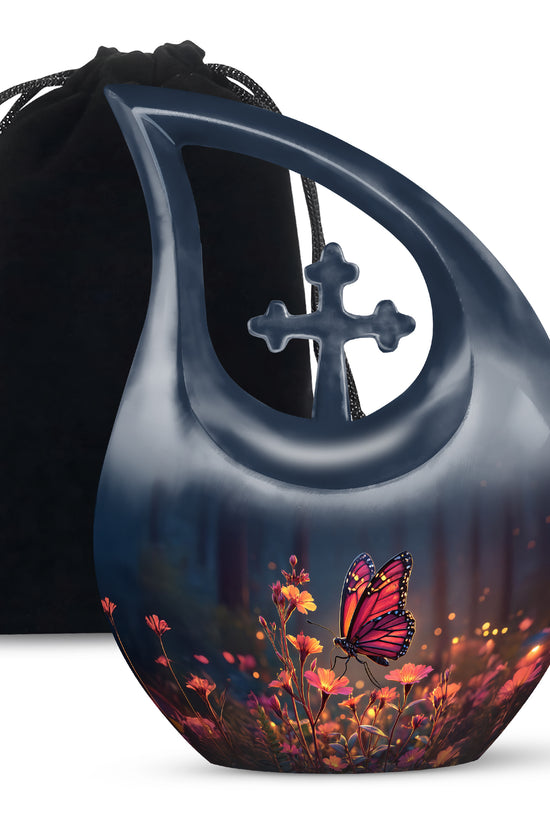 Royal Blue Butterfly Cremation Urn top-down view of secure threaded lid - devotional cross-drop butterfly engraving - full-size 10 inch 200 cubic inch adult cremation urn