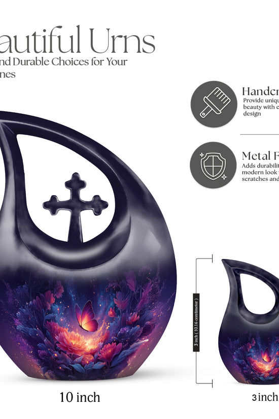 Soft Blue Butterfly Cremation Urn back view with polished surface - faith-inspired cross-drop urn with butterfly pattern - mini keepsake memorial for portion of cremation ashes