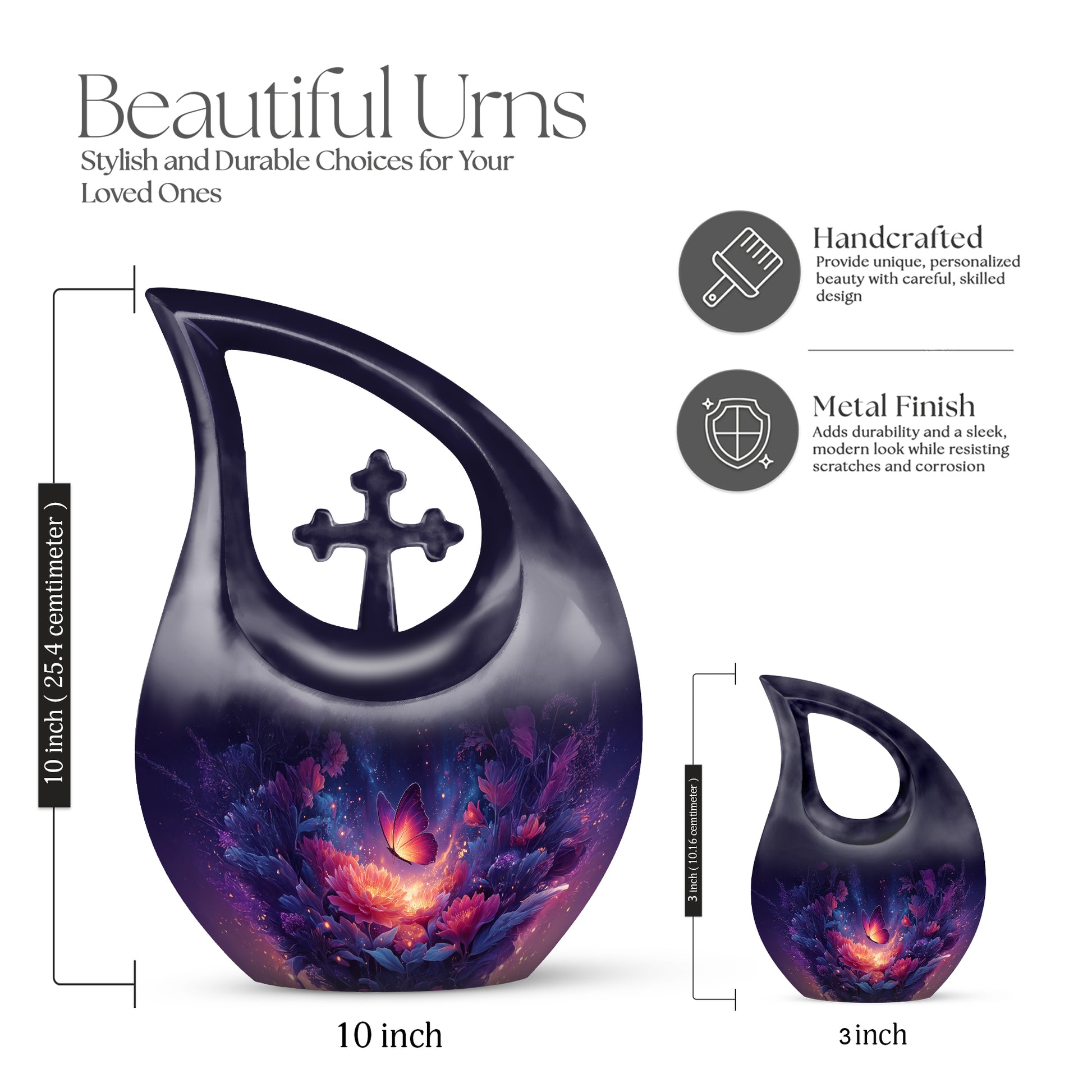 Soft Blue Butterfly Cremation Urn back view with polished surface - faith-inspired cross-drop urn with butterfly pattern - mini keepsake memorial for portion of cremation ashes