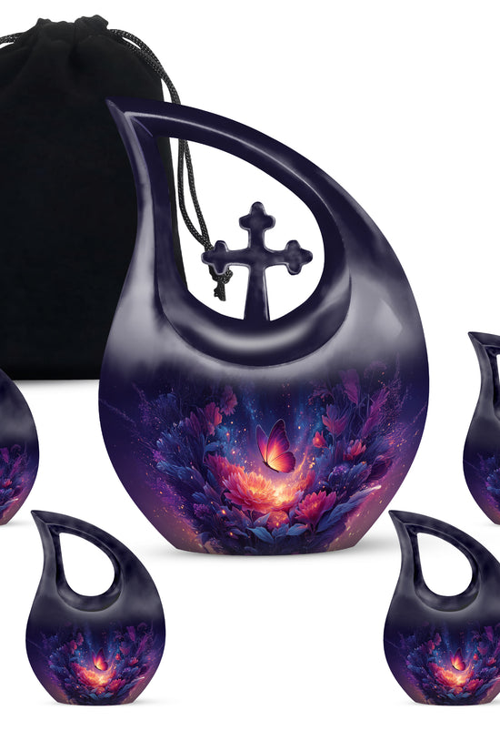 Twilight Blue Butterfly Cremation Urn urn with complimentary velvet bag - devotional cross-drop butterfly engraving - memorial set with one large and four small urns