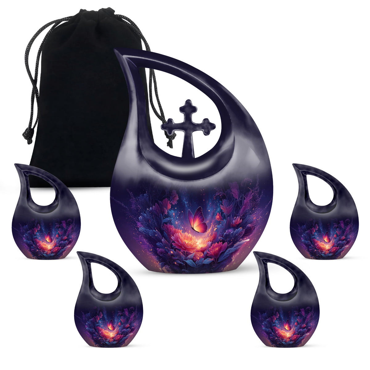Twilight Blue Butterfly Cremation Urn urn with complimentary velvet bag - devotional cross-drop butterfly engraving - memorial set with one large and four small urns