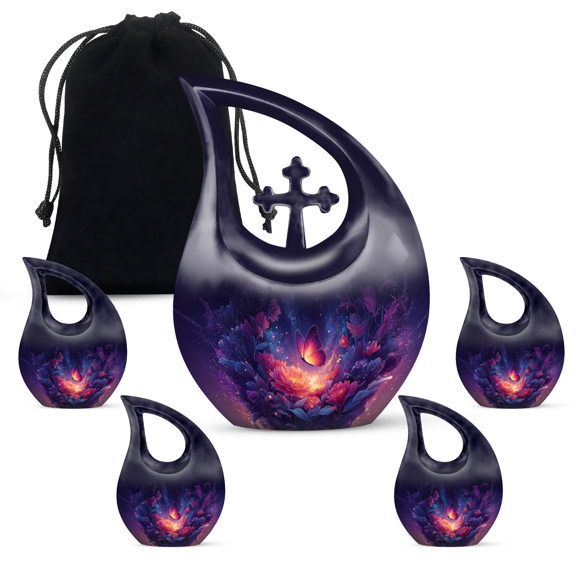 Twilight Blue Butterfly Cremation Urn urn with complimentary velvet bag - devotional cross-drop butterfly engraving - memorial set with one large and four small urns