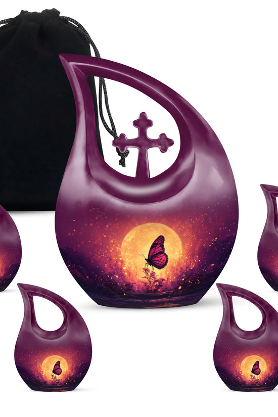 Rose Pink Butterfly Cremation Urn urn with complimentary velvet bag - sacred cross merged with butterfly motif on metal - memorial set with one large and four small urns
