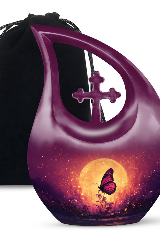Peony Pink Butterfly Cremation Urn top-down view of secure threaded lid - cross and butterfly combined in spiritual memorial design - full-size 10 inch 200 cubic inch adult cremation urn