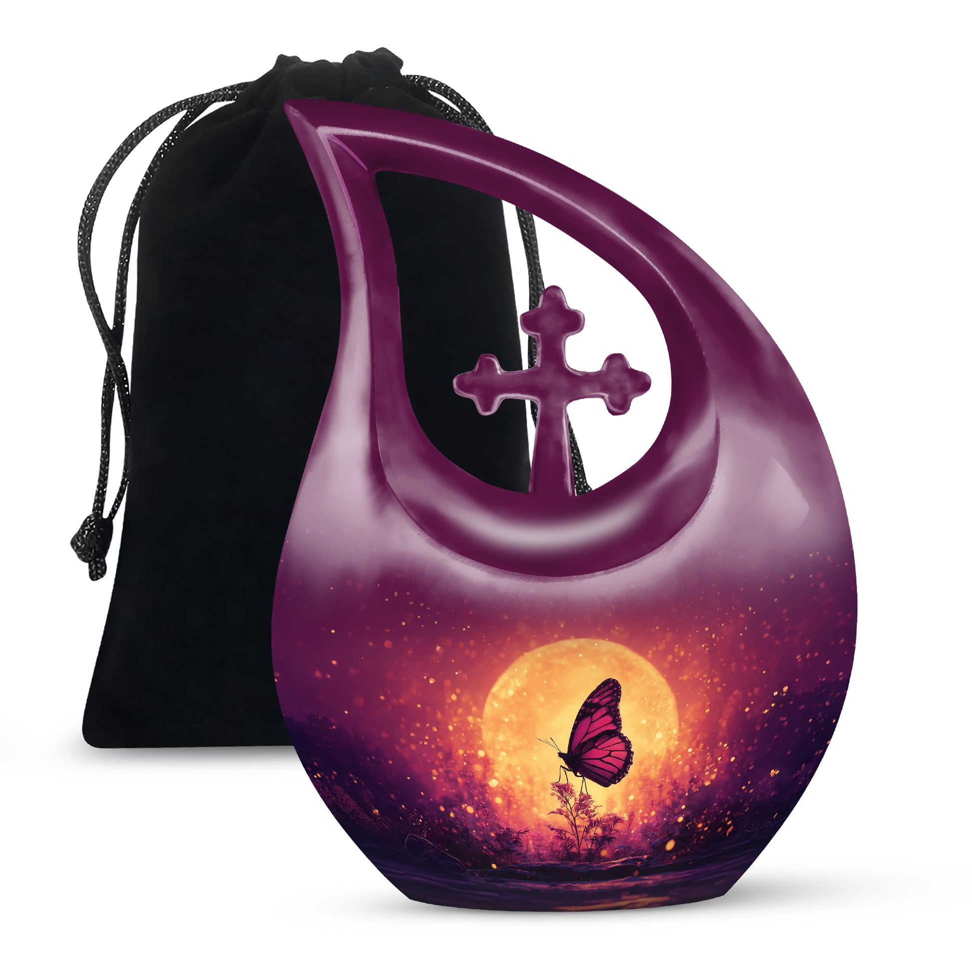 Peony Pink Butterfly Cremation Urn top-down view of secure threaded lid - cross and butterfly combined in spiritual memorial design - full-size 10 inch 200 cubic inch adult cremation urn