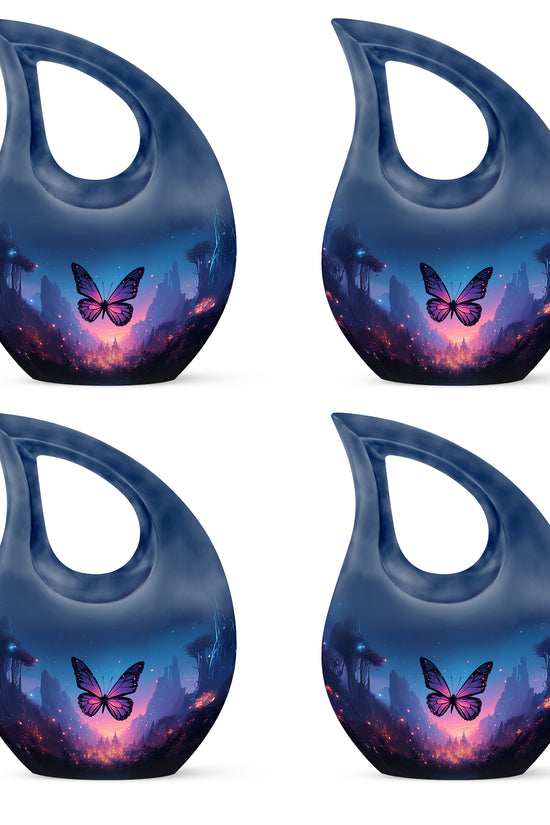 Slate Blue Butterfly Cremation Urn lifestyle display on memorial shelf - cross and butterfly combined in spiritual memorial design - 10 inch aluminum urn for cremated remains
