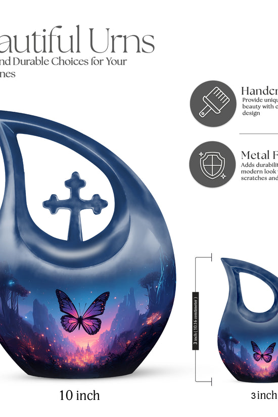 Pastel Blue Butterfly Cremation Urn back view with polished surface - cross and butterfly combined in spiritual memorial design - mini keepsake memorial for portion of cremation ashes