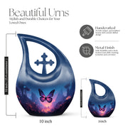 Pastel Blue Butterfly Cremation Urn back view with polished surface - cross and butterfly combined in spiritual memorial design - mini keepsake memorial for portion of cremation ashes