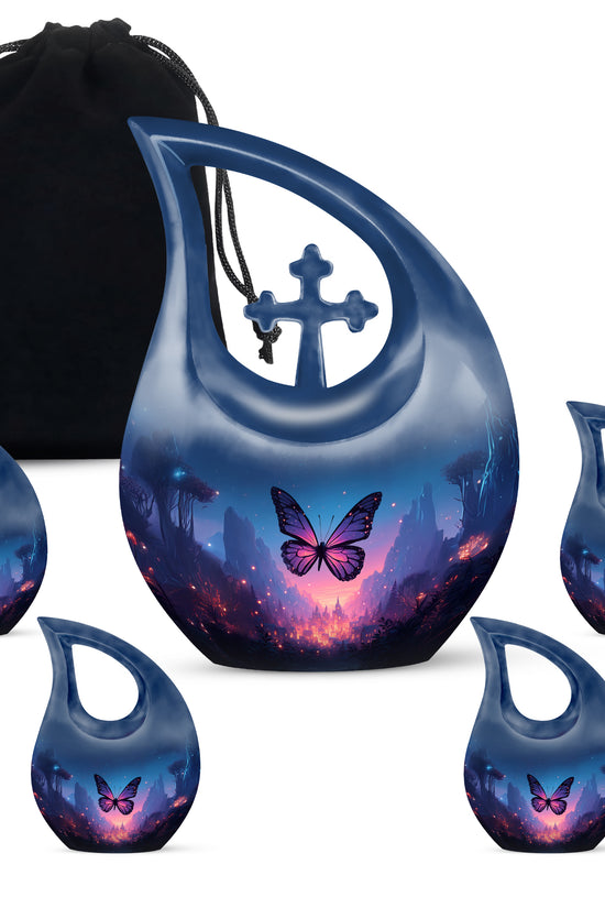 Steel Blue Butterfly Cremation Urn urn with complimentary velvet bag - faith-inspired cross-drop urn with butterfly pattern - memorial set with one large and four small urns