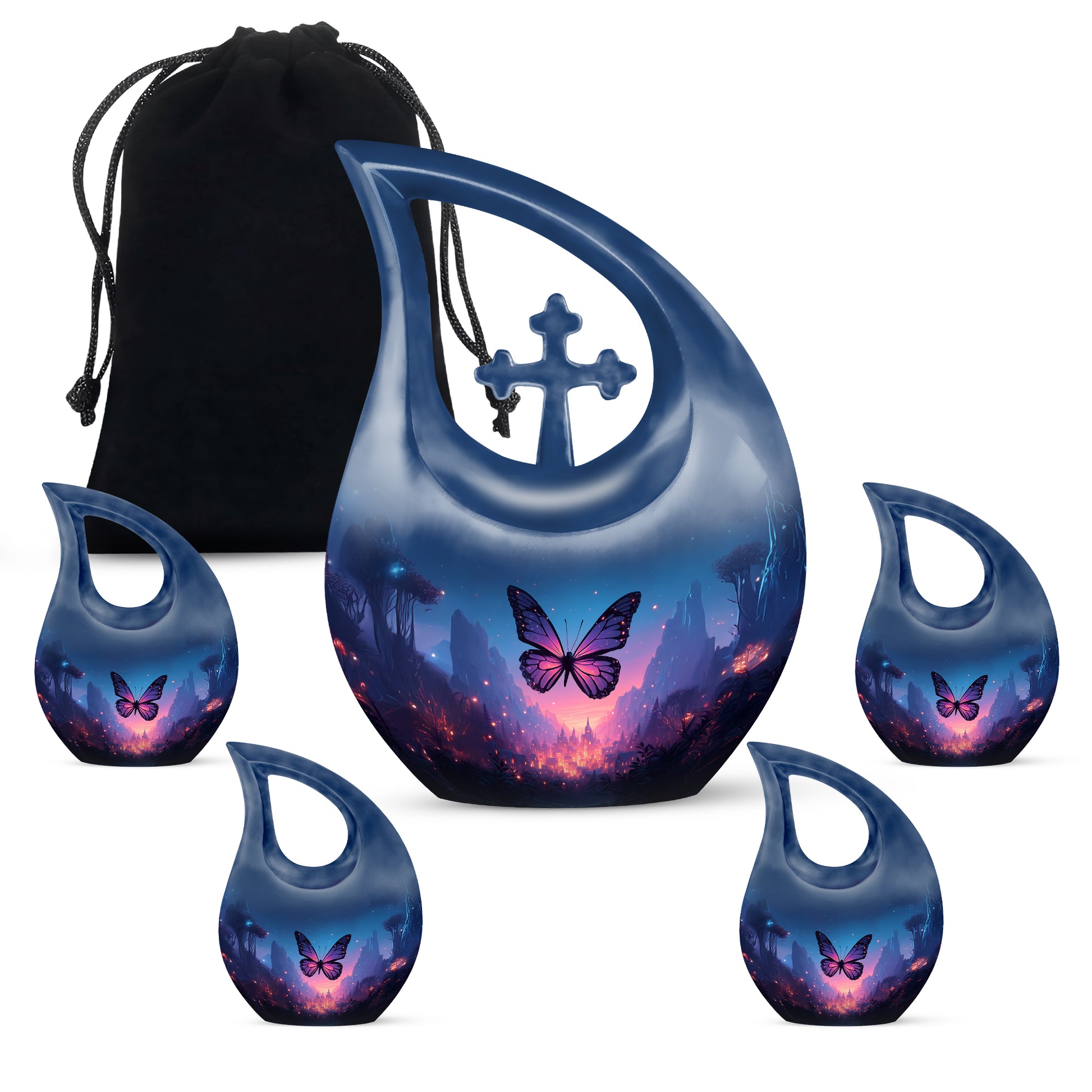 Steel Blue Butterfly Cremation Urn urn with complimentary velvet bag - faith-inspired cross-drop urn with butterfly pattern - memorial set with one large and four small urns