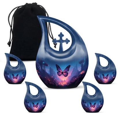 Steel Blue Butterfly Cremation Urn urn with complimentary velvet bag - faith-inspired cross-drop urn with butterfly pattern - memorial set with one large and four small urns