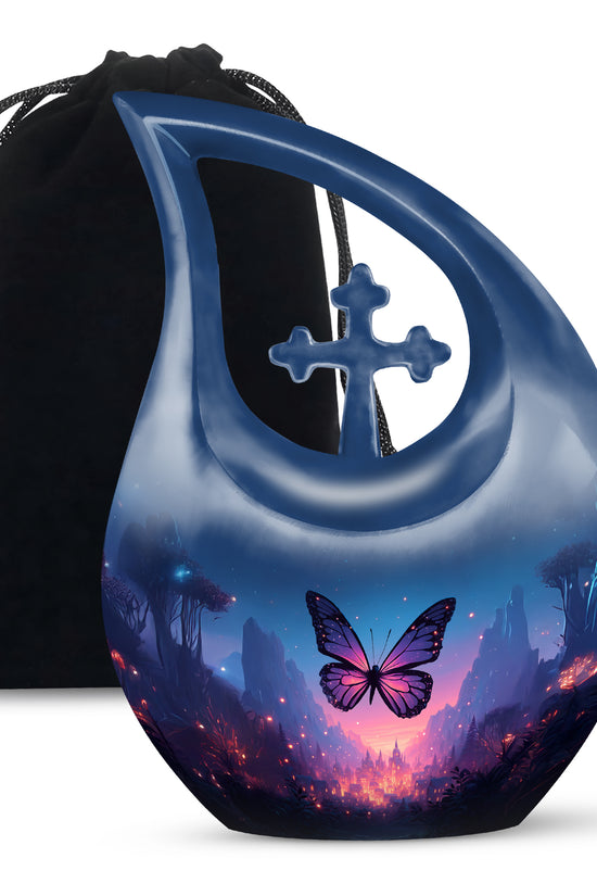 Steel Blue Butterfly Cremation Urn top-down view of secure threaded lid - devotional cross-drop butterfly engraving - full-size 10 inch 200 cubic inch adult cremation urn