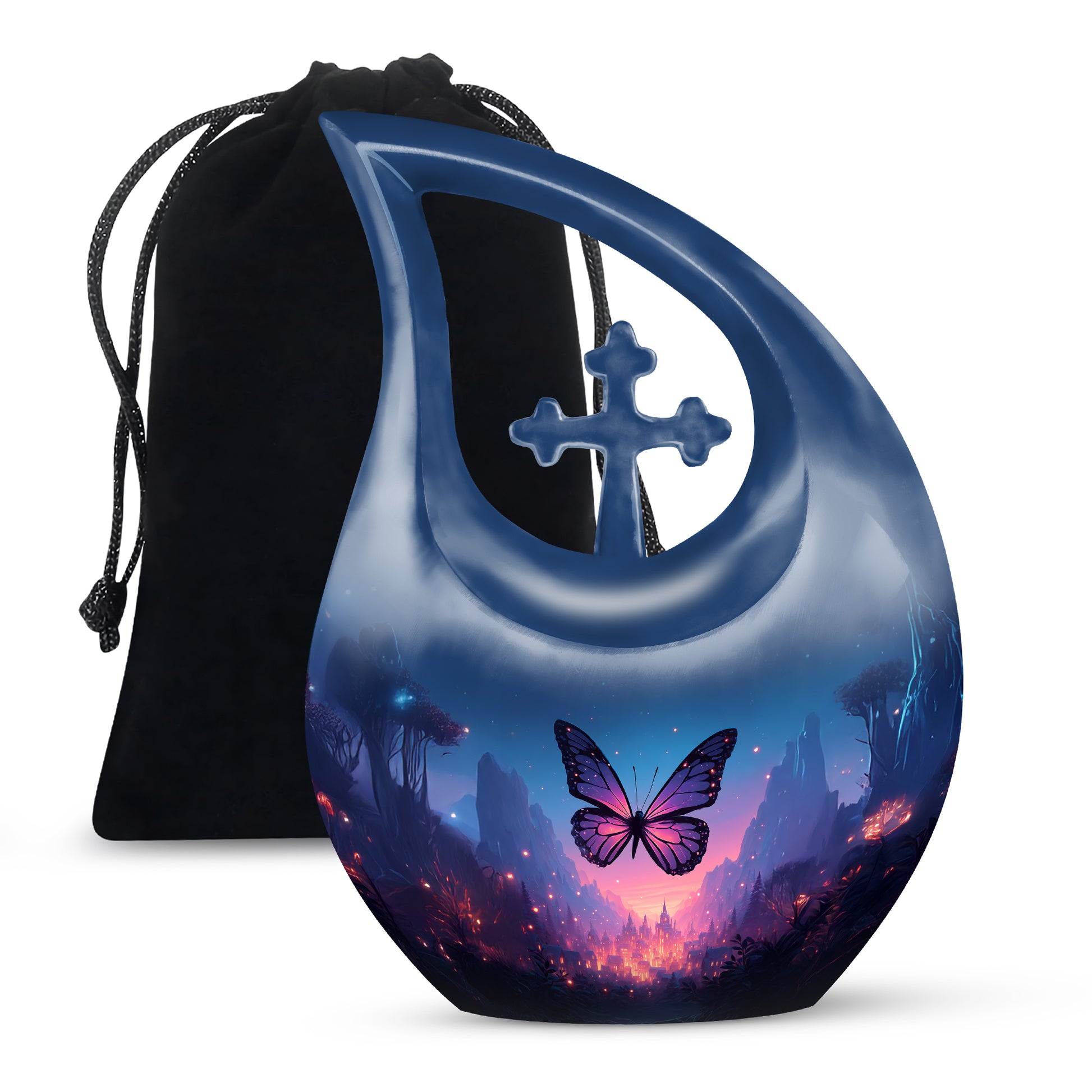 Steel Blue Butterfly Cremation Urn top-down view of secure threaded lid - devotional cross-drop butterfly engraving - full-size 10 inch 200 cubic inch adult cremation urn