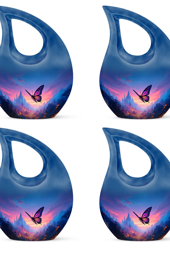 Indigo Butterfly Cremation Urn lifestyle display on memorial shelf - cross and butterfly combined in spiritual memorial design - 10 inch aluminum urn for cremated remains