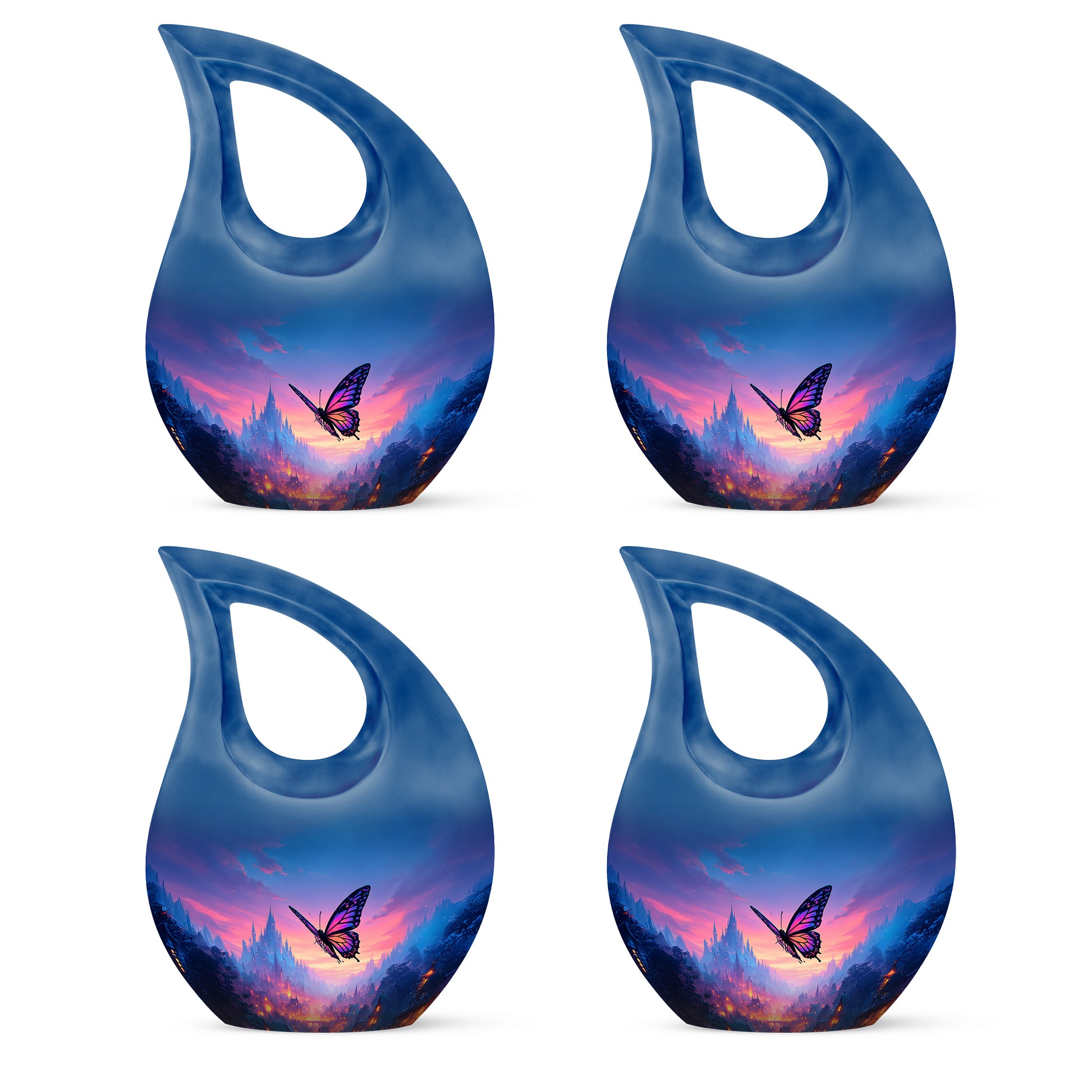 Indigo Butterfly Cremation Urn lifestyle display on memorial shelf - cross and butterfly combined in spiritual memorial design - 10 inch aluminum urn for cremated remains
