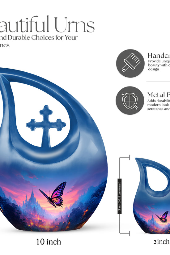 Navy Blue Butterfly Cremation Urn back view with polished surface - cross and butterfly combined in spiritual memorial design - mini keepsake memorial for portion of cremation ashes