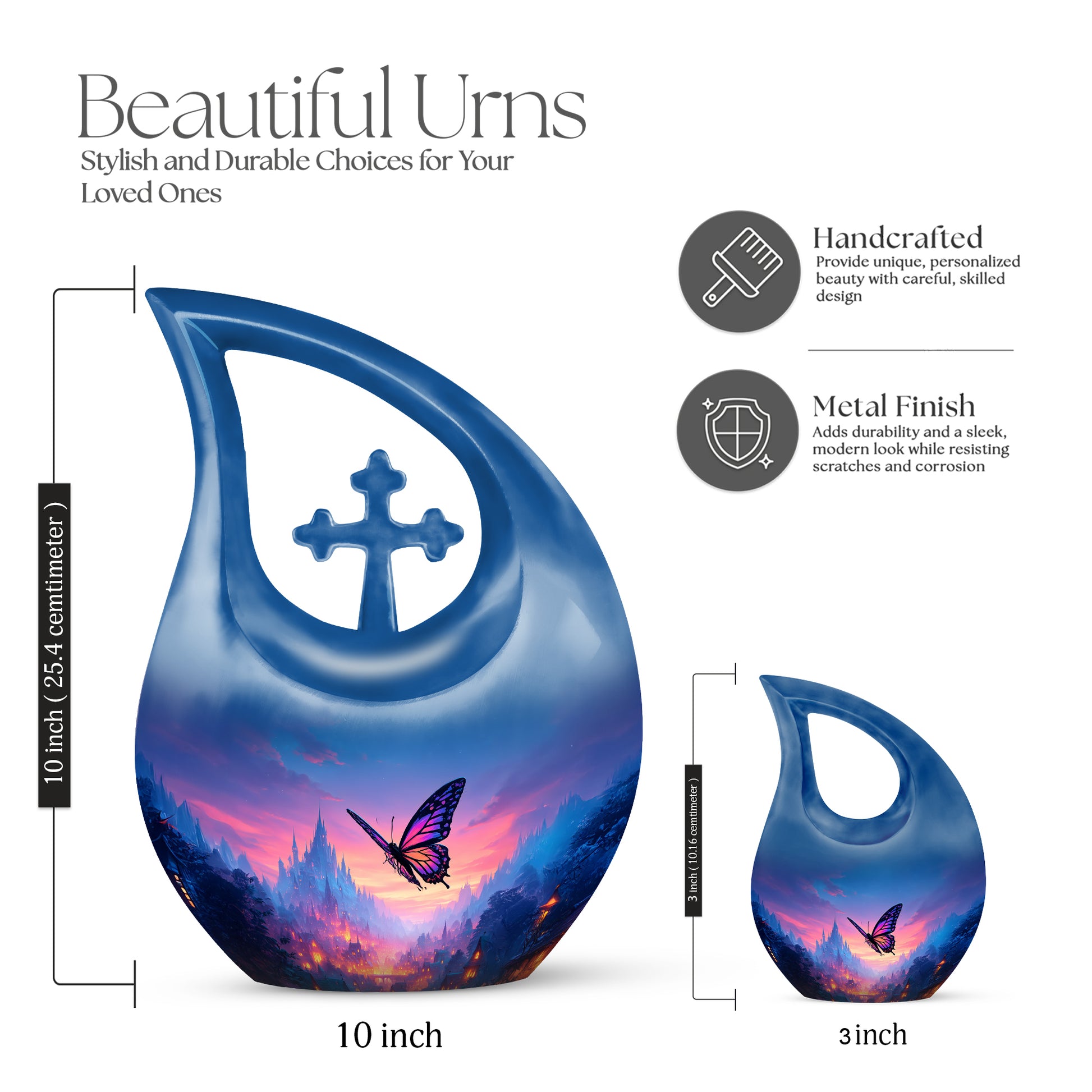 Navy Blue Butterfly Cremation Urn back view with polished surface - cross and butterfly combined in spiritual memorial design - mini keepsake memorial for portion of cremation ashes