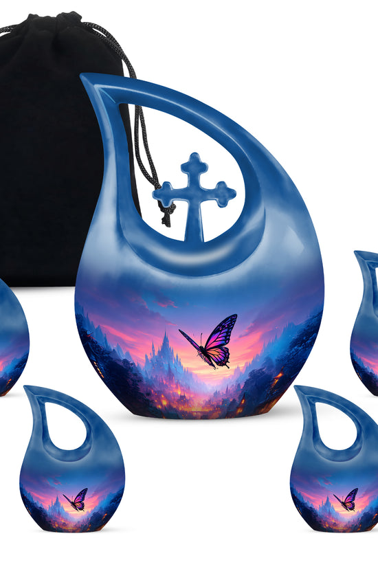 Bright Blue Butterfly Cremation Urn urn with complimentary velvet bag - devotional cross-drop butterfly engraving - memorial set with one large and four small urns