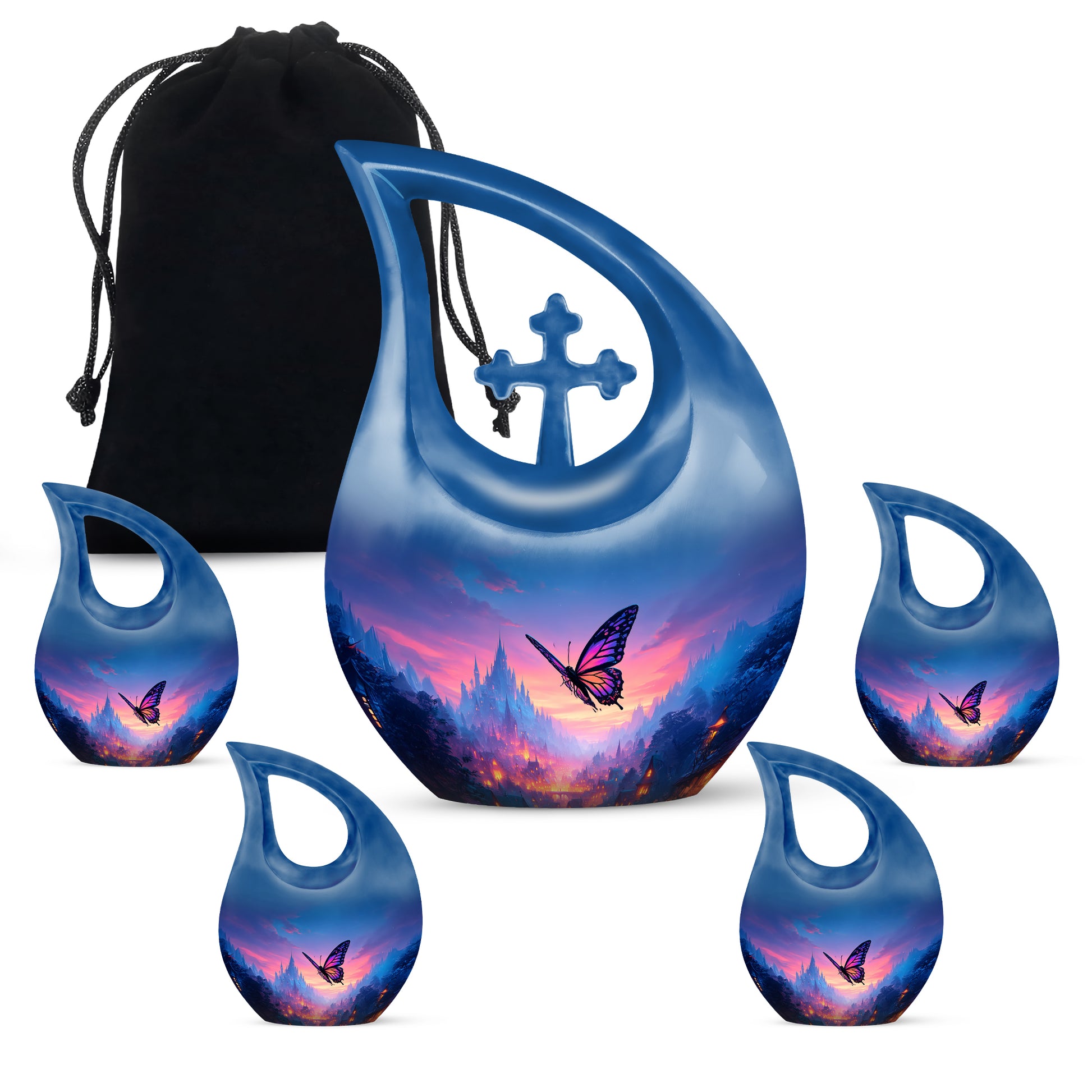 Bright Blue Butterfly Cremation Urn urn with complimentary velvet bag - devotional cross-drop butterfly engraving - memorial set with one large and four small urns