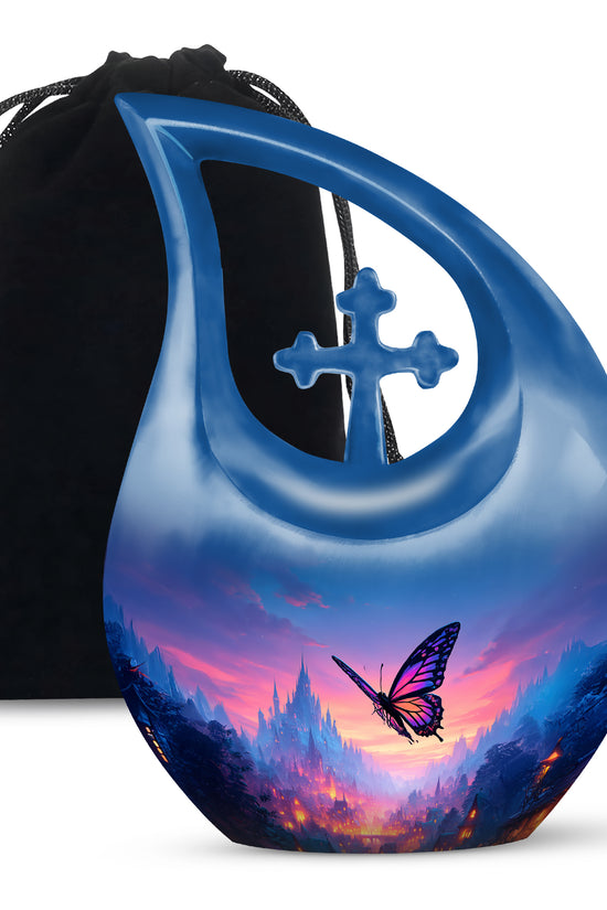 Royal Blue Butterfly Cremation Urn top-down view of secure threaded lid - faith-inspired cross-drop urn with butterfly pattern - full-size 10 inch 200 cubic inch adult cremation urn