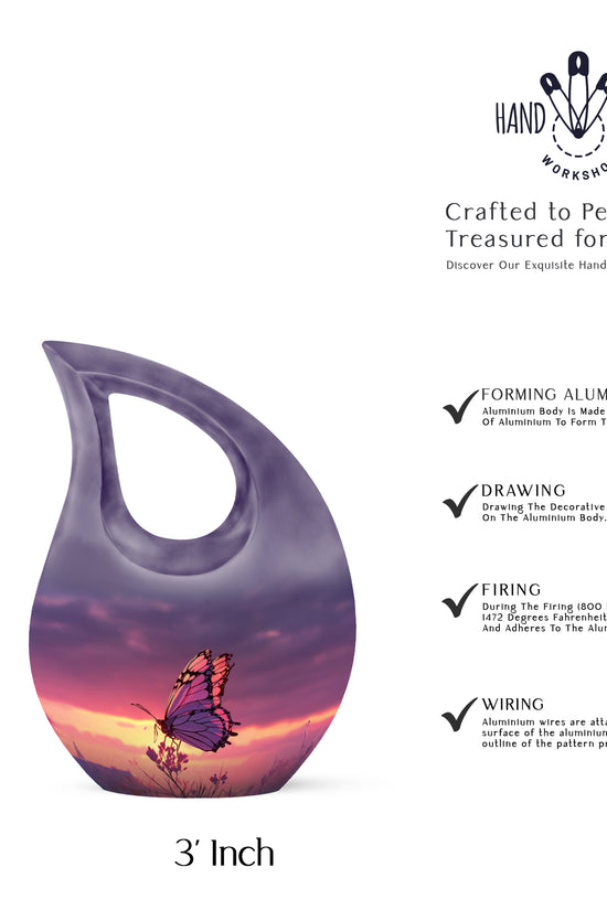 Vivid Blue Butterfly Cremation Urn back view with polished surface - faith-inspired cross-drop urn with butterfly pattern - mini keepsake memorial for portion of cremation ashes